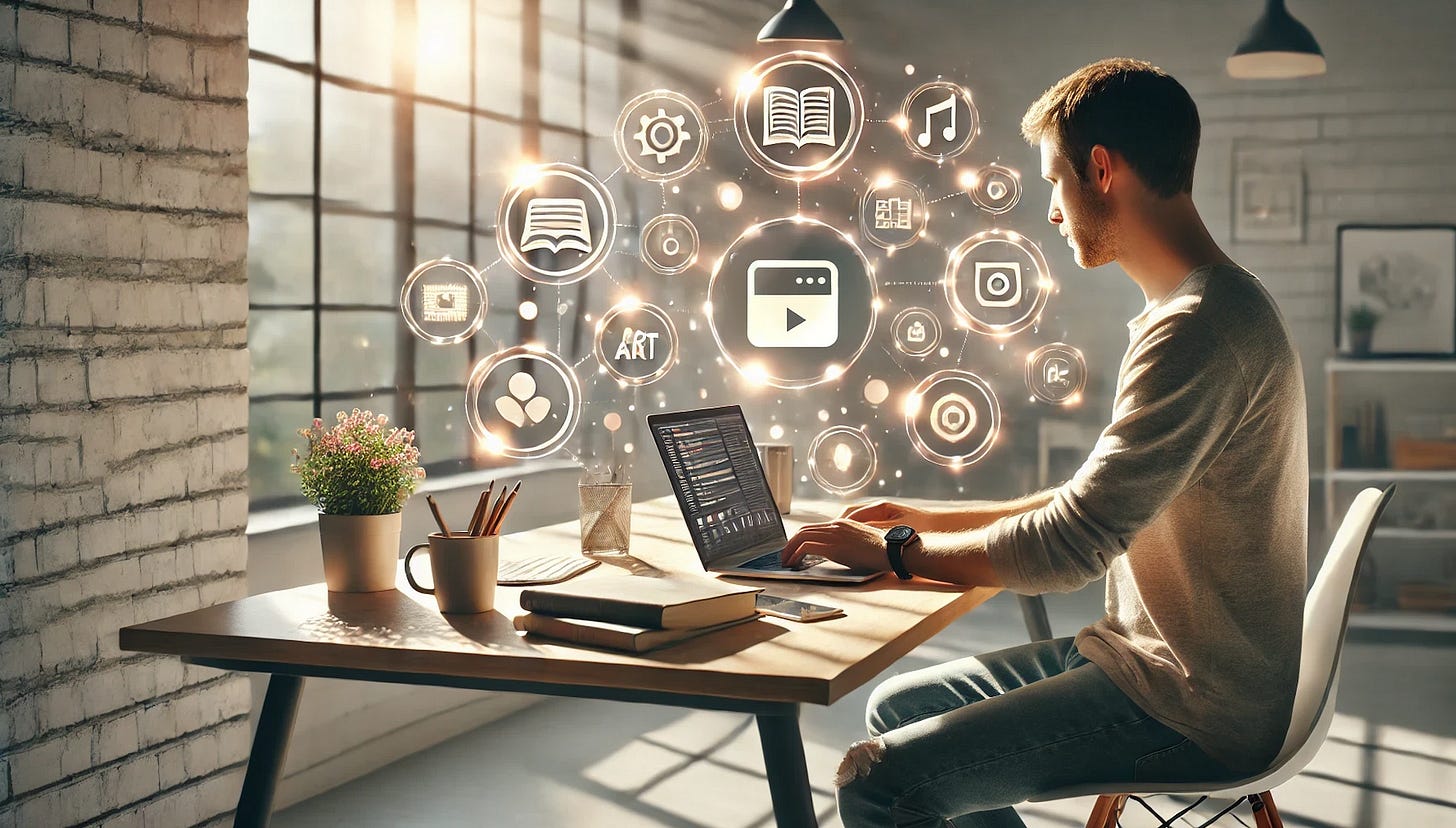 a realistic photograph-style blog cover that depicts a modern workspace with a human person working on a laptop. The scene features warm, natural lighting and creative glowing icons symbolizing productivity.