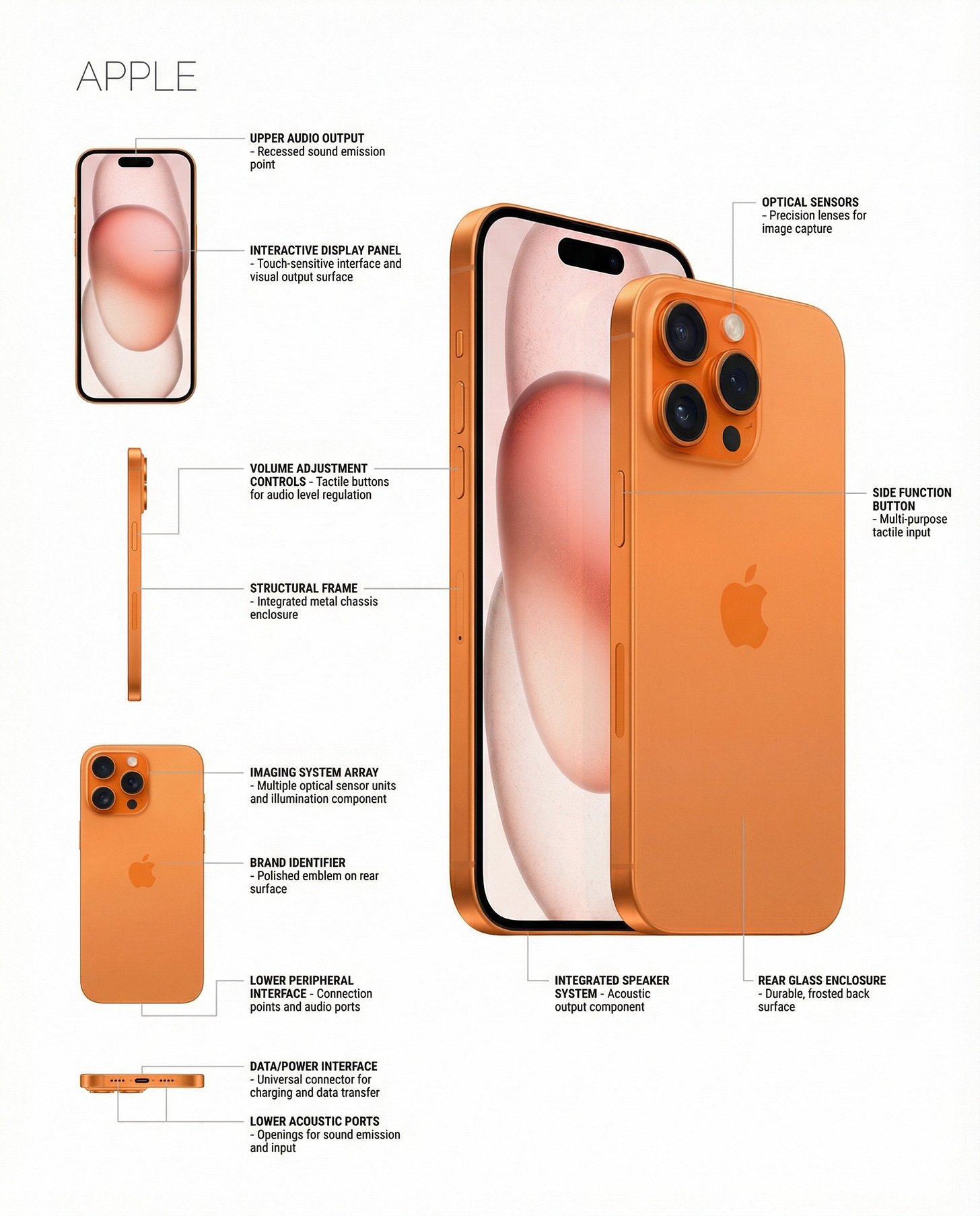 Image 5: May be an image of phone and text that says 'APPLE UPPER UDIO UTPUT Rocessed sound mission INTEA ceand and INTERACTIVE DISPLAY ANEL visual OPTICAL SENSORS Precisionlenses for Image capture VOLUME DJUSTMENT ONTROLS ROLS-T Tactikbuttons for audiolevel egulation STRUCTURAL FRAME -Imegratedm metal chessis SIDEFUNCTION TIOH BUTTON -Multi-pu Milk-nurr pupost pose IMAGING SYSTEM ARRAY laopticalsenscrun ootical aadllmination companent sensorunits enscrunt BRAND IDENTIFIER emblemon rear surface LOWERPERIPHERAI INTERFACE-C INTEDEACE. INTERFA pcims audia INTEGRATED NTEGRATEDSPEAKER SPEAKER SYSTEM- YSTEM-ADQUStic -HECUFIC output b DATA/POWER| DAT/C NTERFACE anddata สารโซ REARGLASS ENCLO ENCLOSURE -Durable. frostedback eck surface LOWER ACOUSTICPORTS PORTS sound emission andinput'