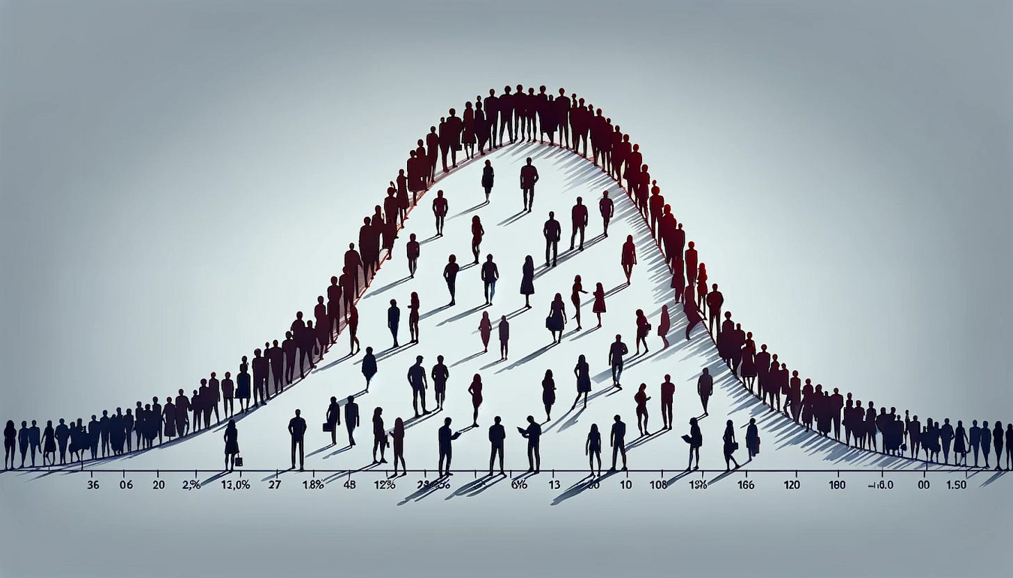 A vector illustration in landscape mode depicting a large group of humans arranged in the shape of a normal statistical distribution curve. The individuals at the ends of the curve are highlighted to emphasize the tails of the distribution. The overall theme is dark and minimalistic, focusing on a clear representation of the statistical concept through human figures. A vector illustration in landscape mode depicting a large group of humans arranged in the shape of a normal statistical distribution curve. The individuals at the ends of the curve are highlighted to emphasize the tails of the distribution. The overall theme is dark and minimalistic, focusing on a clear representation of the statistical concept through human figures.