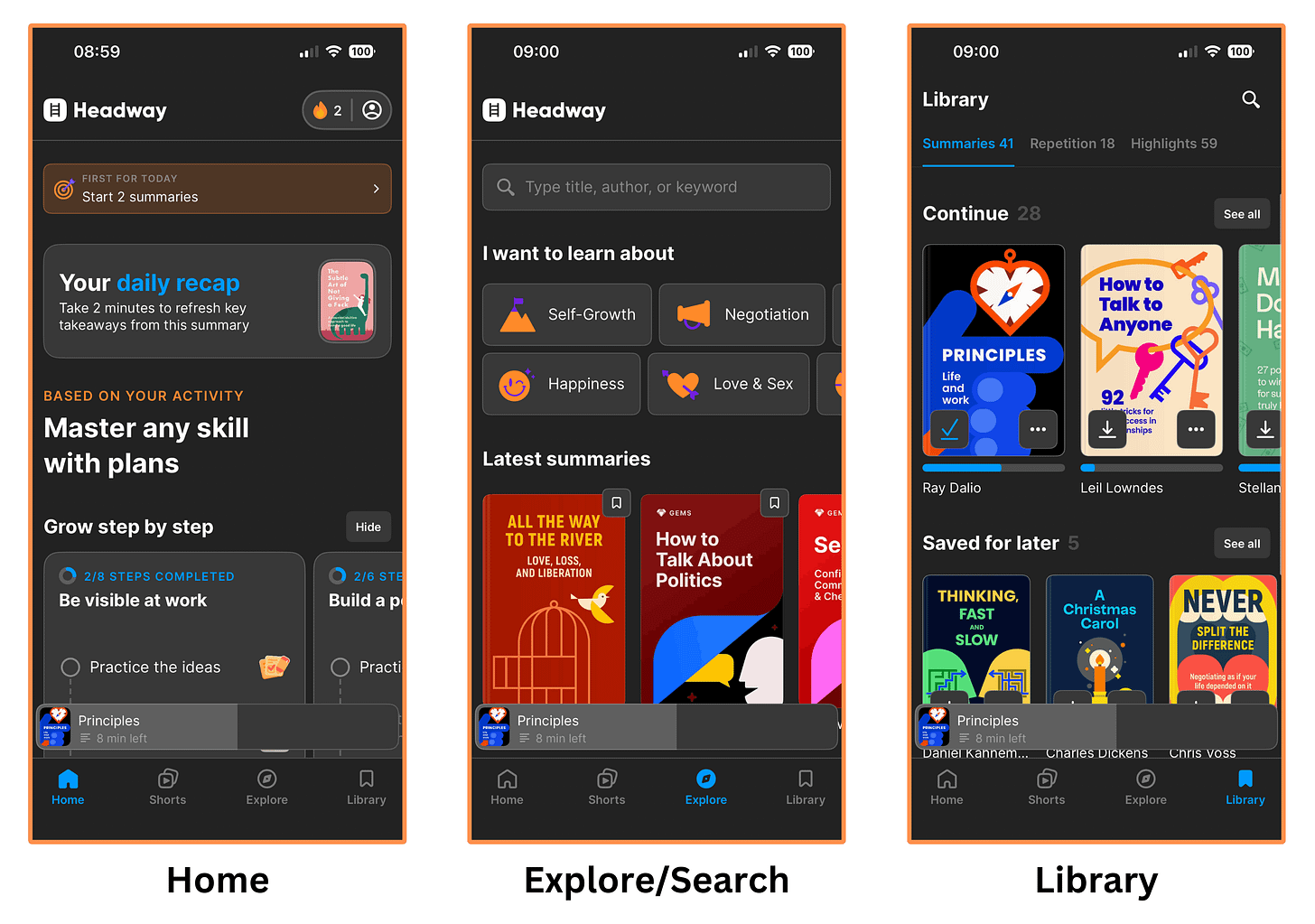 Headway’s mobile interface (dark mode)