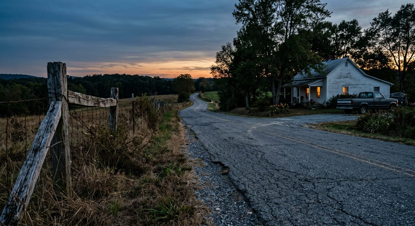 A quiet photograph of a weathered asphalt country road at twilight, with an old wooden fence post on the shoulder and a warm light glowing from a house in the soft-focus distance.