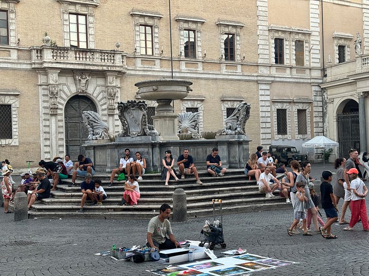 A priest saying Mass amid Roman ruins, the entrance to grandiose Renaissance-era Villa Farnesina; the fountain that dominates Piazza Santa Maria; the small dining room at Cuverie enoteca.