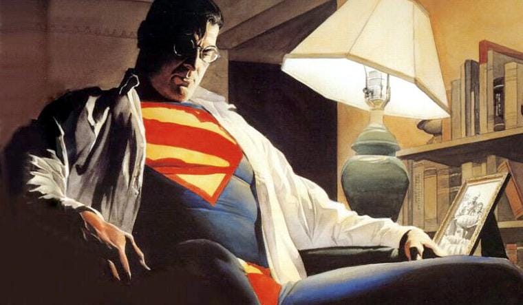 r/superman - Alex Ross perfectly captures how even Superman feels the burden of his job sometimes