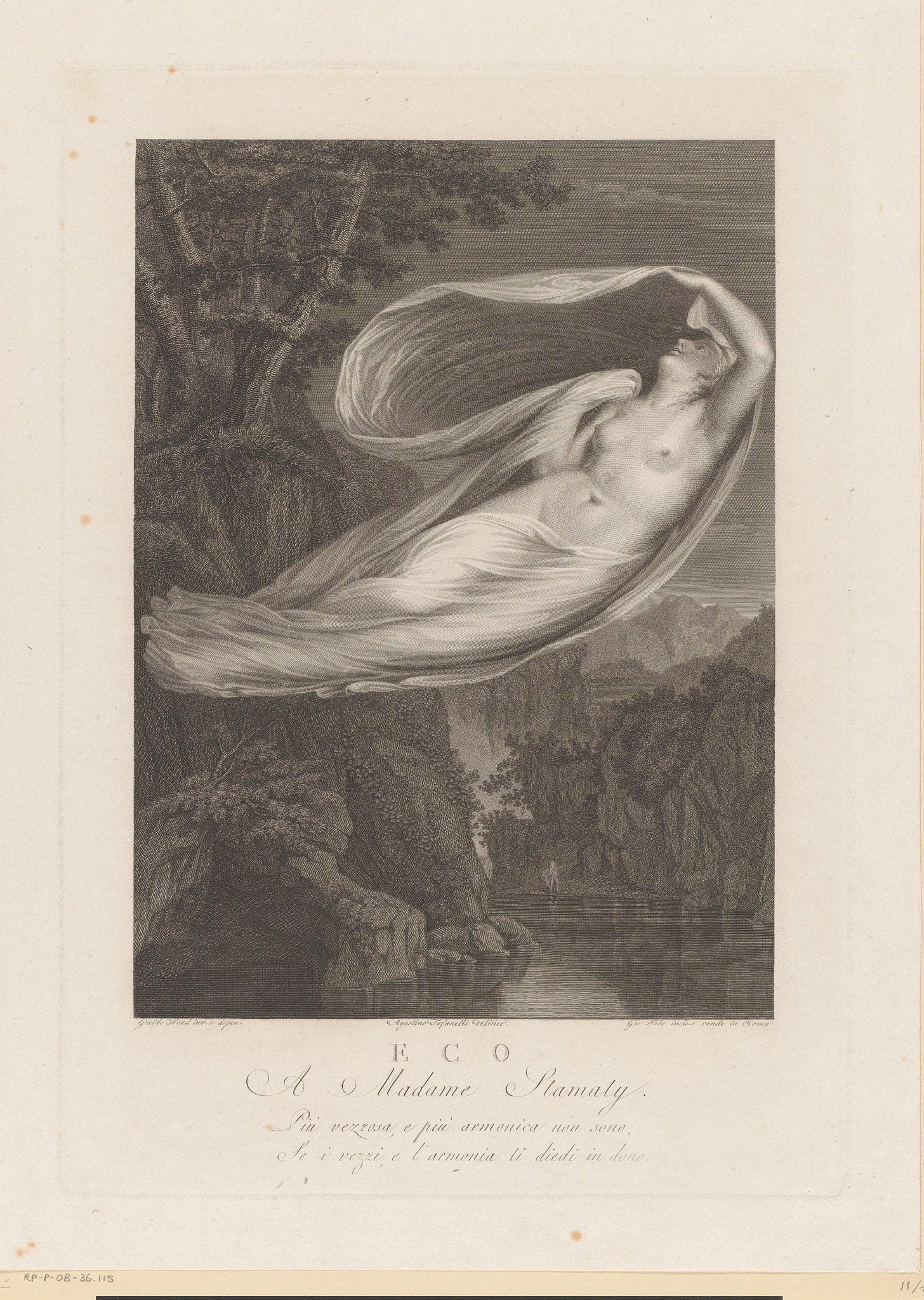 Gravure print of Echo rising above a riverbed (1774 - 1836), by Giovanni Folo, Rome. Public domain, in the collections of the Rijksmuseum, available here. In the myth of Echo and Narcissus, the nympth Echo is rejected by the hunter Narcissus, who falls in love with his own reflection. Echo’s once magnificent voice was cursed by Juno, who punished her for her distractions. Thereafter Echo was only able to utter the ends of another’s sentences. The term echolalia is named after her.