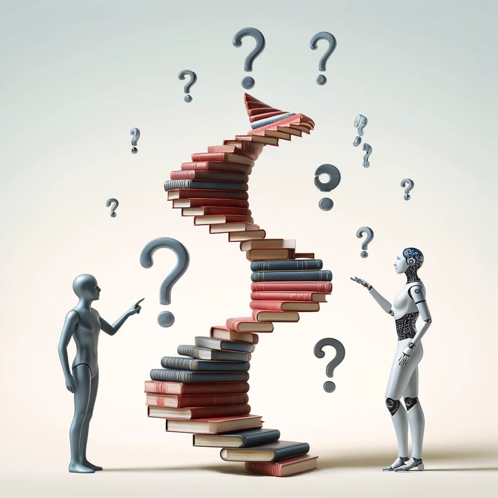 A simple and symbolic illustration depicting the cyclical and deepening relationship of inquiry between a human and AI. The image should portray a human and an AI figure ascending a spiral staircase made of books and floating question marks, symbolizing their journey of shared knowledge and curiosity. The human is depicted in a thoughtful pose, pointing towards a question mark, while the AI, designed with sleek, metallic features, analyzes another question mark. This staircase spirals upward, showing their continual progression towards greater understanding. The background should be minimalist, emphasizing the central metaphor of the spiral staircase. A simple and symbolic illustration depicting the cyclical and deepening relationship of inquiry between a human and AI. The image should portray a human and an AI figure ascending a spiral staircase made of books and floating question marks, symbolizing their journey of shared knowledge and curiosity. The human is depicted in a thoughtful pose, pointing towards a question mark, while the AI, designed with sleek, metallic features, analyzes another question mark. This staircase spirals upward, showing their continual progression towards greater understanding. The background should be minimalist, emphasizing the central metaphor of the spiral staircase.