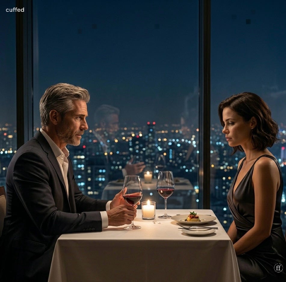 a man and woman sit across from each other at a candlelit restaurant table at night, city lights visible through floor-to-ceiling windows behind them. he holds a glass of red wine, facing her. she looks down, away from him, expression quiet and closed. the mood is tension and distance disguised as dinner. black serif "cuffed" top left, fused ff logo bottom right. editorial visual for musing no. 96 — accountability.