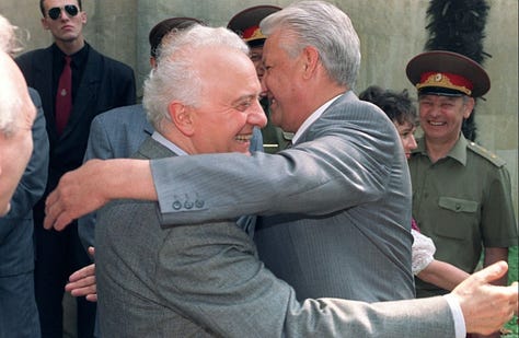 Russian President Boris Yeltsin and Georgian President Eduard Shevardnadze after signing the Treaty of Russian-Georgian Friendship, Good Neighborliness, and Cooperation (3 February 1994).