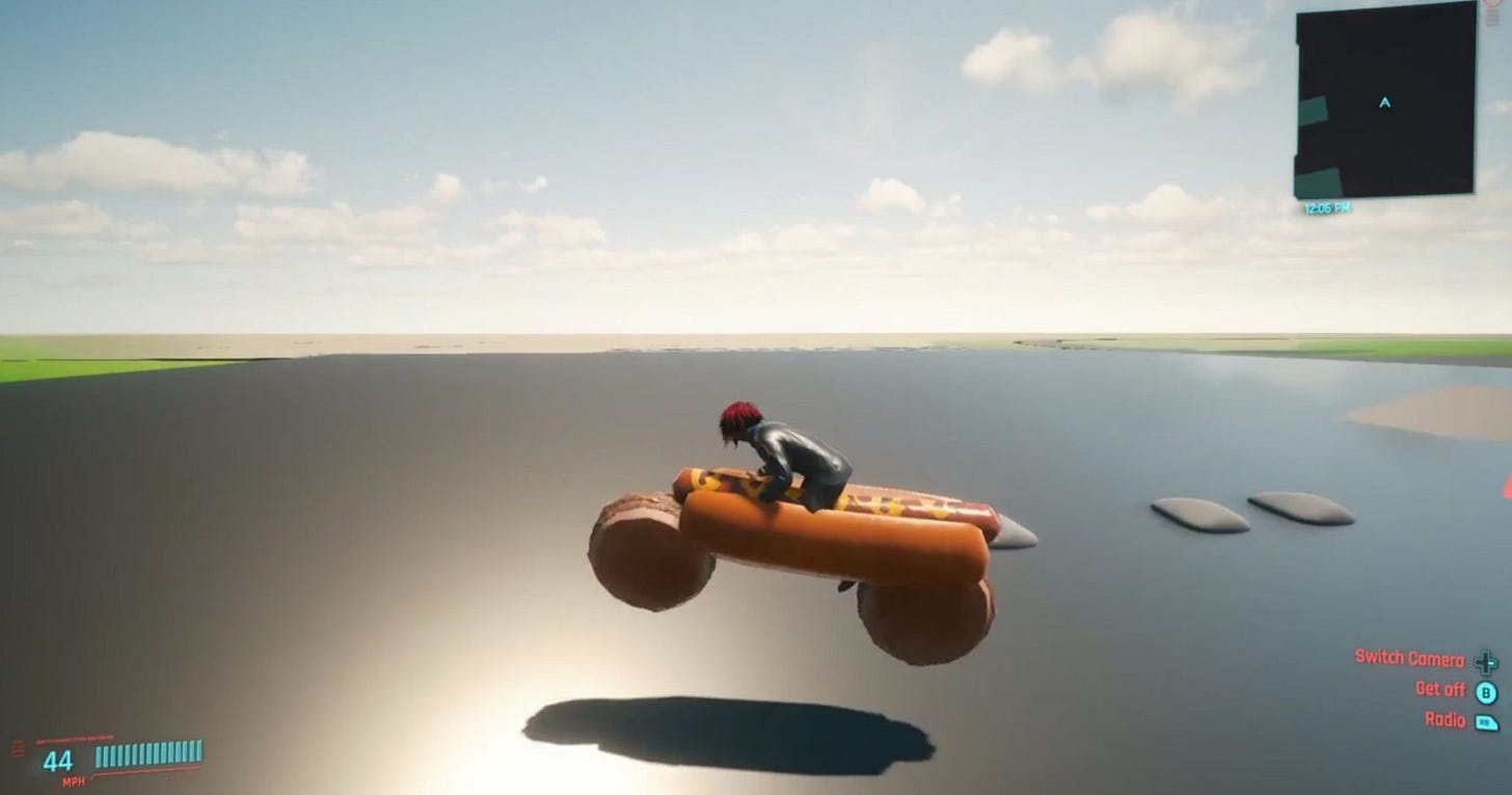 A character rides a hot dog bike in an empty game world A character rides a hot dog bike in an empty game world
