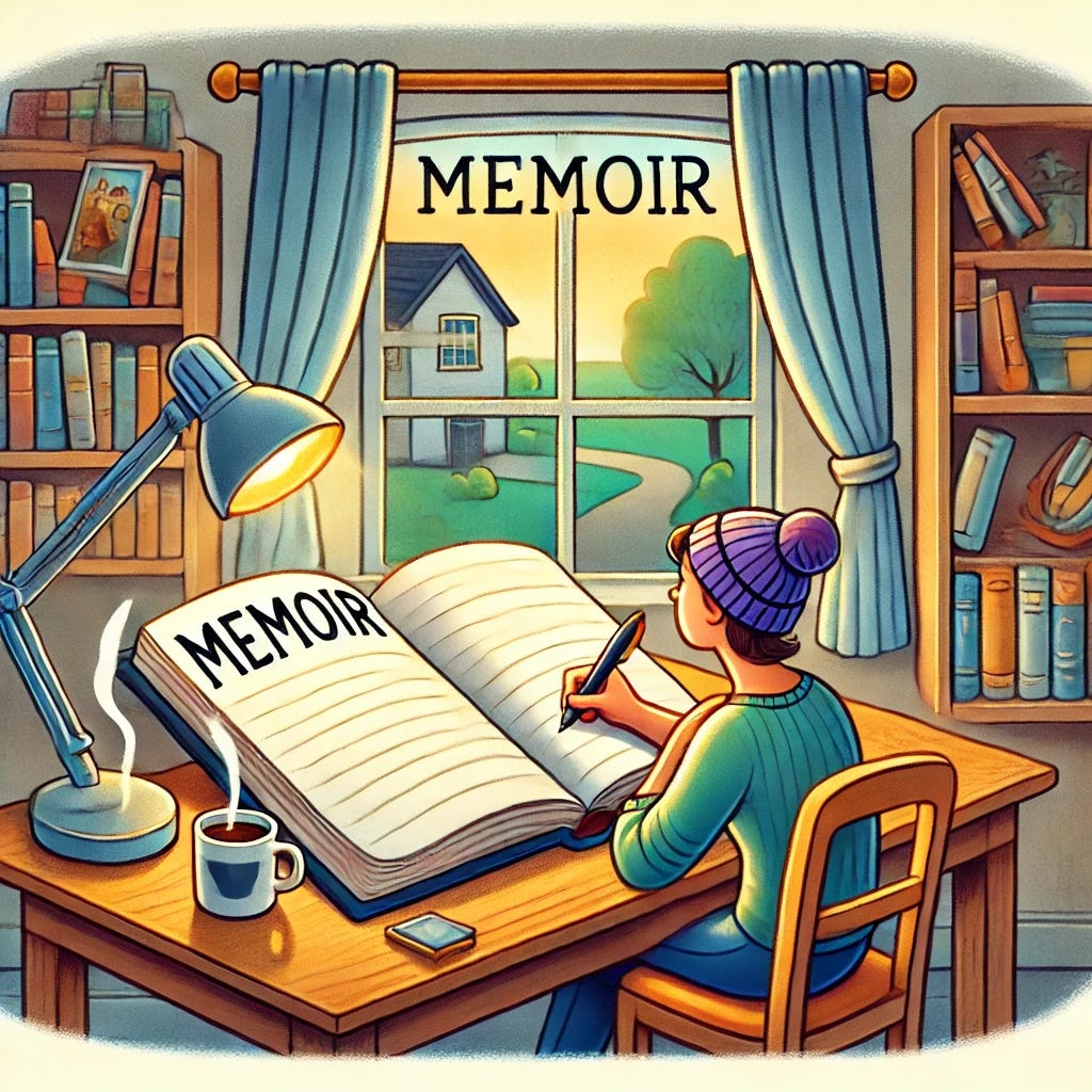 A colorful cartoon illustration of a person writing a memoir at a wooden desk. The scene includes a large open notebook with the word 'Memoir' written on the page in bold letters. The person looks thoughtful, with a pen in hand, sitting in a cozy room with a warm lamp, bookshelves, and a steaming cup of coffee nearby. A window shows a serene outdoor view, adding a creative and reflective atmosphere. The style is lighthearted and whimsical.