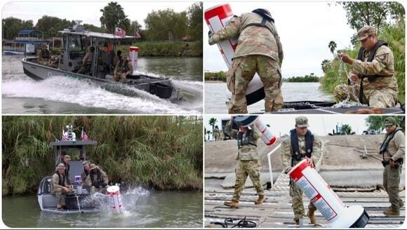 Texas and Florida National Guardsmen install buoys on the Rio Grande, warning against illegal entry in English & Spanish.