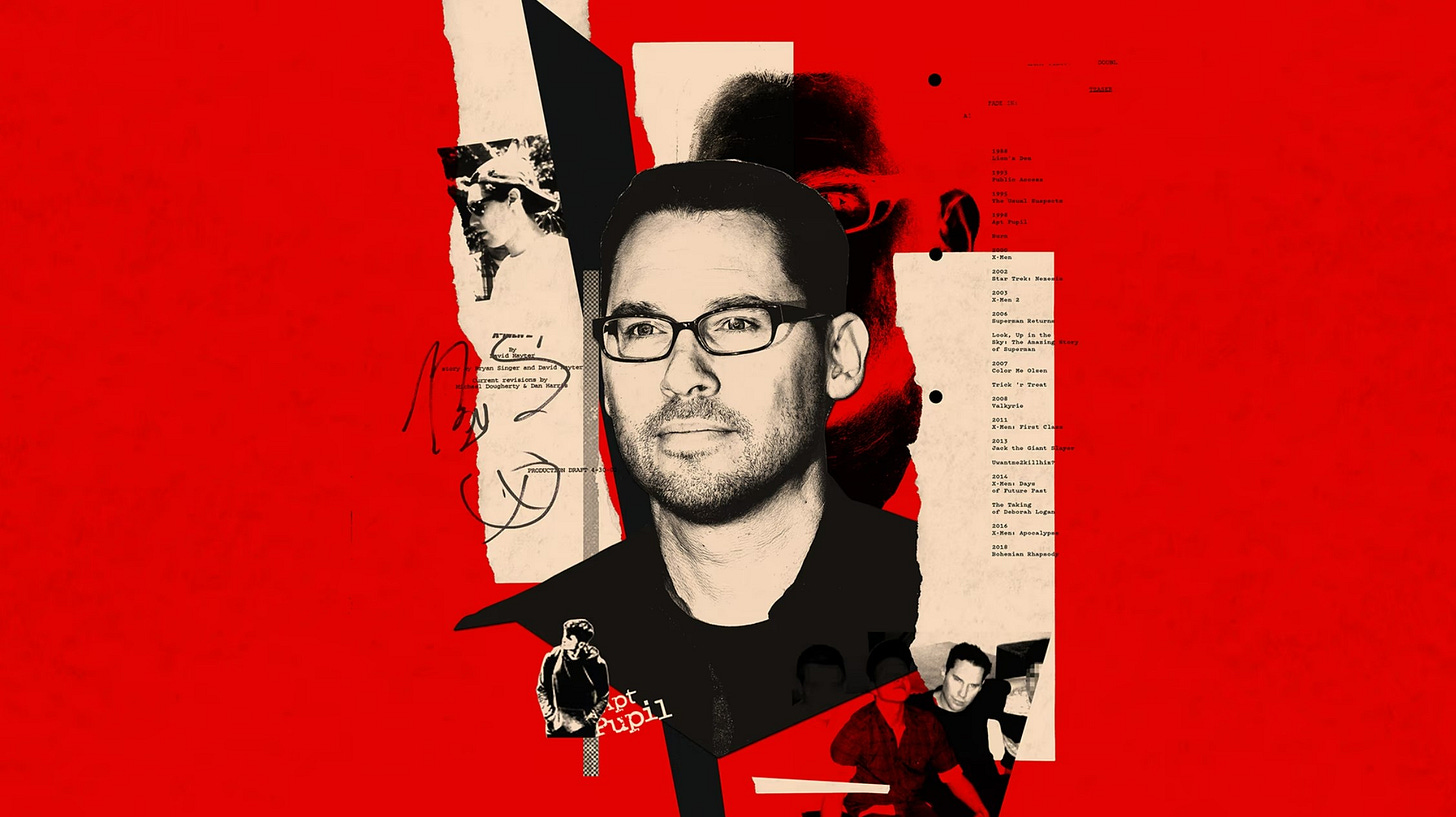 Illustration of a picture of director Byan Singer surrounded by documents and pictures of young men Illustration of a picture of director Byan Singer surrounded by documents and pictures of young men