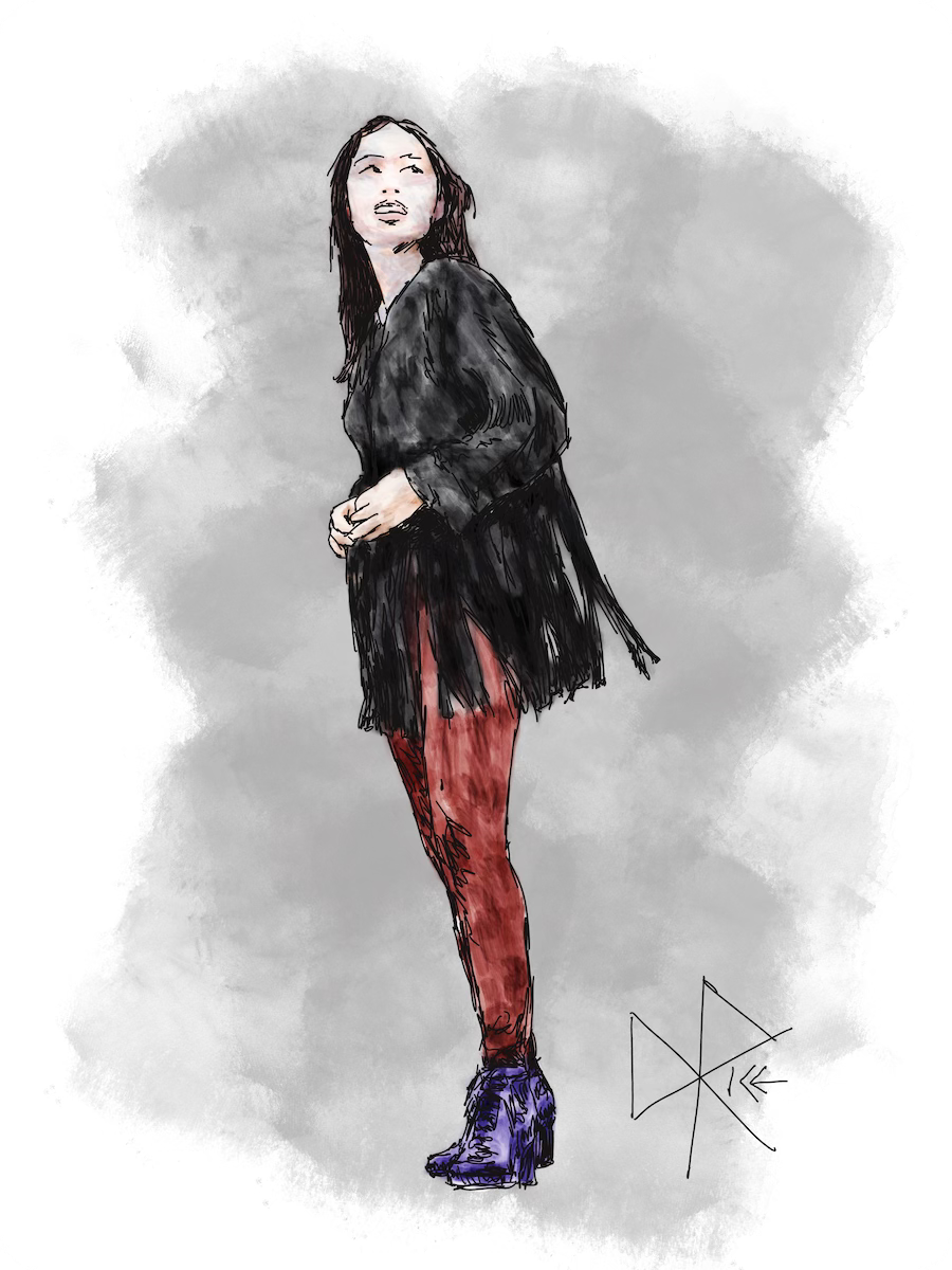 A woman standing tall - wearing a dark fringed shirt, red tights and high heeled boots. Sketch art by Don Rice. A woman standing tall - wearing a dark fringed shirt, red tights and high heeled boots. Sketch art by Don Rice.