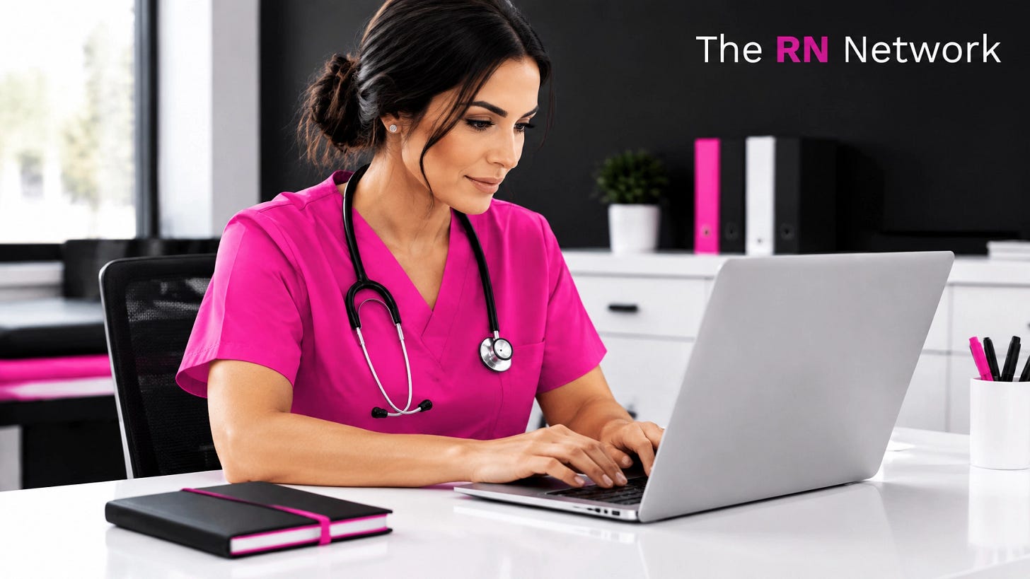 A nurse in pink scrubs works on a résumé at a clinic desk, with The RN Network logo