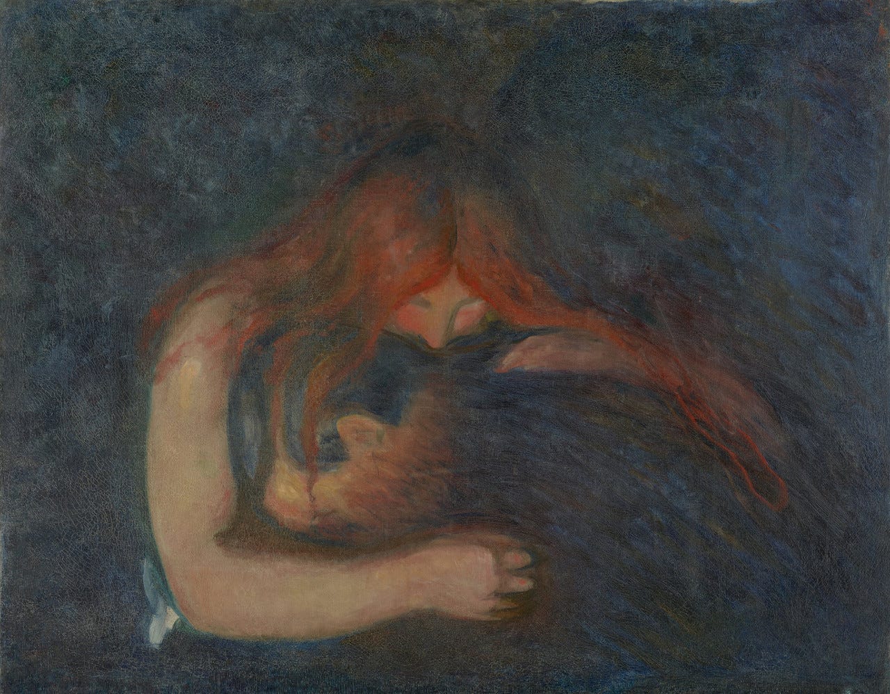 Vampire by Edvard Munch: a man rests his head in a woman's arms as her long red hair falls over him