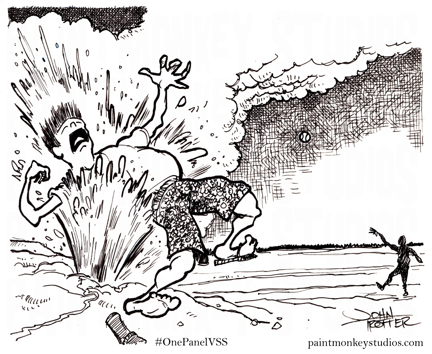 Ink drawing a two men playing catch and one has gotten caught in the explosion of a geyser.
