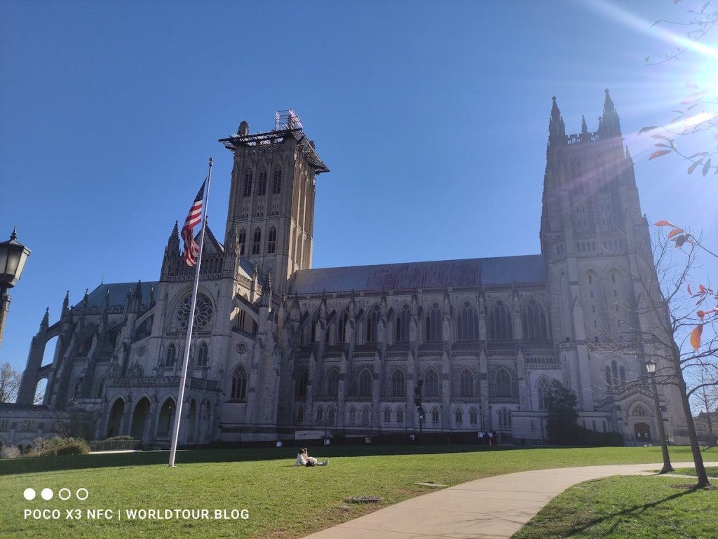 The National Cathedral with a US flag flying out front.
