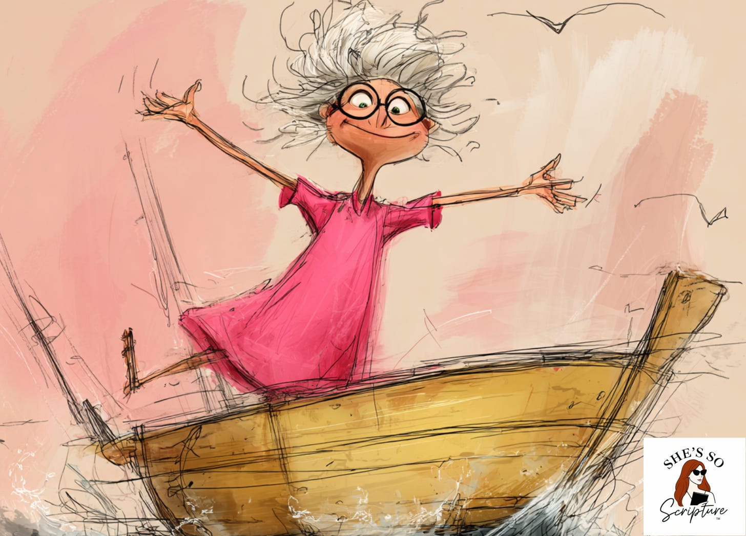 Whimsical fashion illustration of a woman stepping out of a boat onto dark water toward a glowing light, blush pink and cream watercolor tones with sketchy ink outlines. Whimsical fashion illustration of a woman stepping out of a boat onto dark water toward a glowing light, blush pink and cream watercolor tones with sketchy ink outlines.