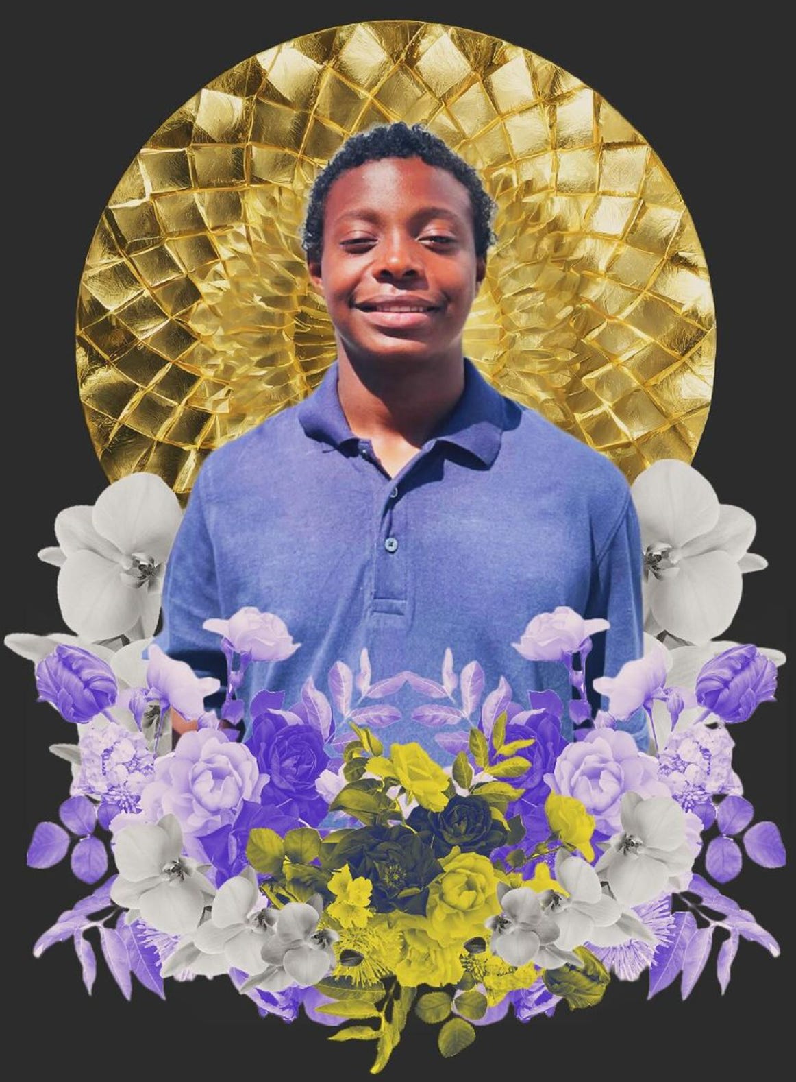 digital collage of a black and autistic 15 year old young male smiling while cascaded in a crown of colorful flowers digital collage of a black and autistic 15 year old young male smiling while cascaded in a crown of colorful flowers