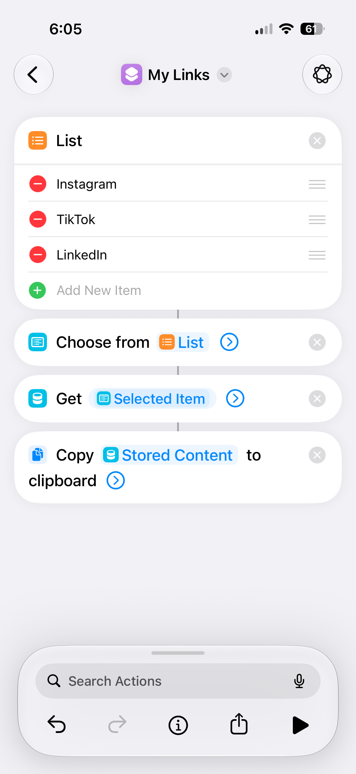 An iOS 27 Shortcut that displays a list of saved links, lets you choose one, retrieves the matching stored content, and copies it to the clipboard. An iOS 27 Shortcut that displays a list of saved links, lets you choose one, retrieves the matching stored content, and copies it to the clipboard.