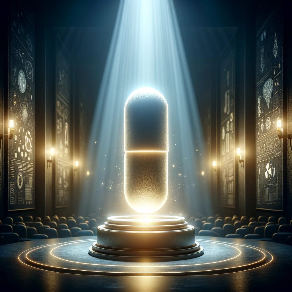 Visualize the concept of a groundbreaking medical discovery without specific references to diseases or drugs. The image should feature a symbolic, glowing pill held aloft on a pedestal, shining brightly in the center of a dark room. This pill represents hope, innovation, and the promise of new treatments for challenging health issues. The environment should be dramatic, with focused light highlighting the pill, suggesting it as a beacon of progress in medical science. The setting should convey a sense of reverence and optimism, emphasizing the significance of this discovery in advancing healthcare.