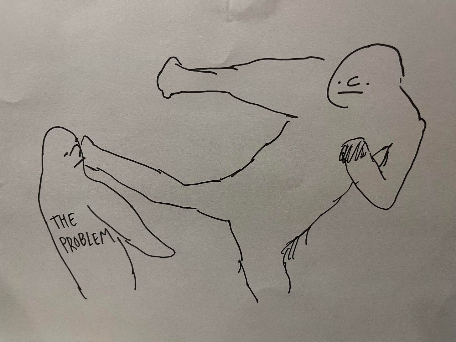 Confronting the problem - cartoon of a dude kicking another dude labeled "the problem"