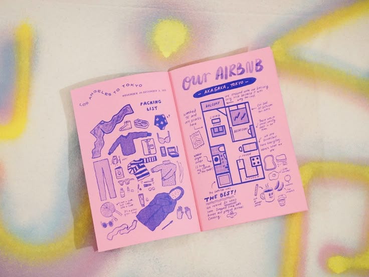 This may contain: an open notebook with drawings on it sitting on top of a white table next to a yellow and pink wall This may contain: an open notebook with drawings on it sitting on top of a white table next to a yellow and pink wall