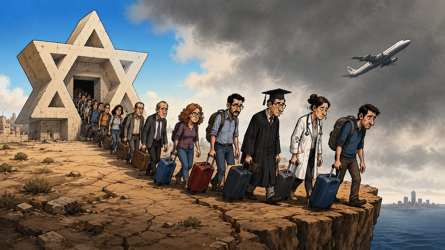 Ilustración de una larga fila de personas saliendo de un enorme edificio con forma de estrella de David, cada una arrastrando una maleta. Entre ellas hay profesionales, un profesor universitario, una médica, familias y jóvenes adultos que avanzan hacia un acantilado bajo un cielo oscuro mientras un avión despega al fondo. La imagen simboliza la emigración israelí y la salida de numerosos residentes hacia el extranjero.