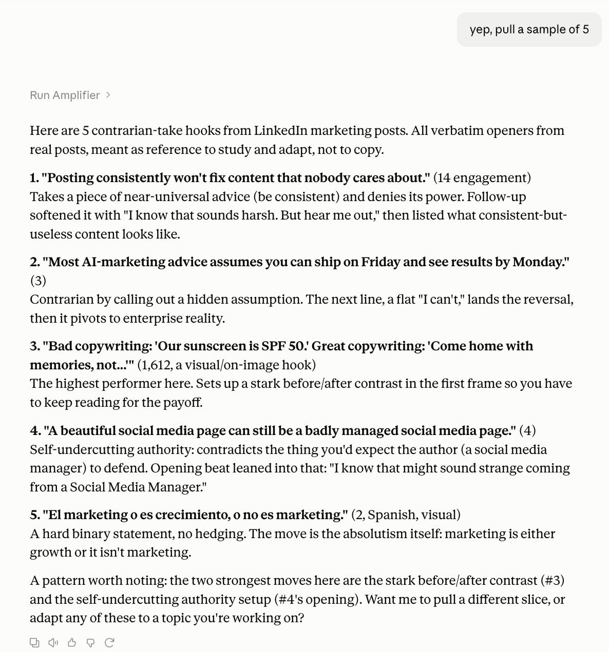 Five contrarian hooks from LinkedIn marketing posts, with engagement context and an explanation of how each hook works. Five contrarian hooks from LinkedIn marketing posts, with engagement context and an explanation of how each hook works.