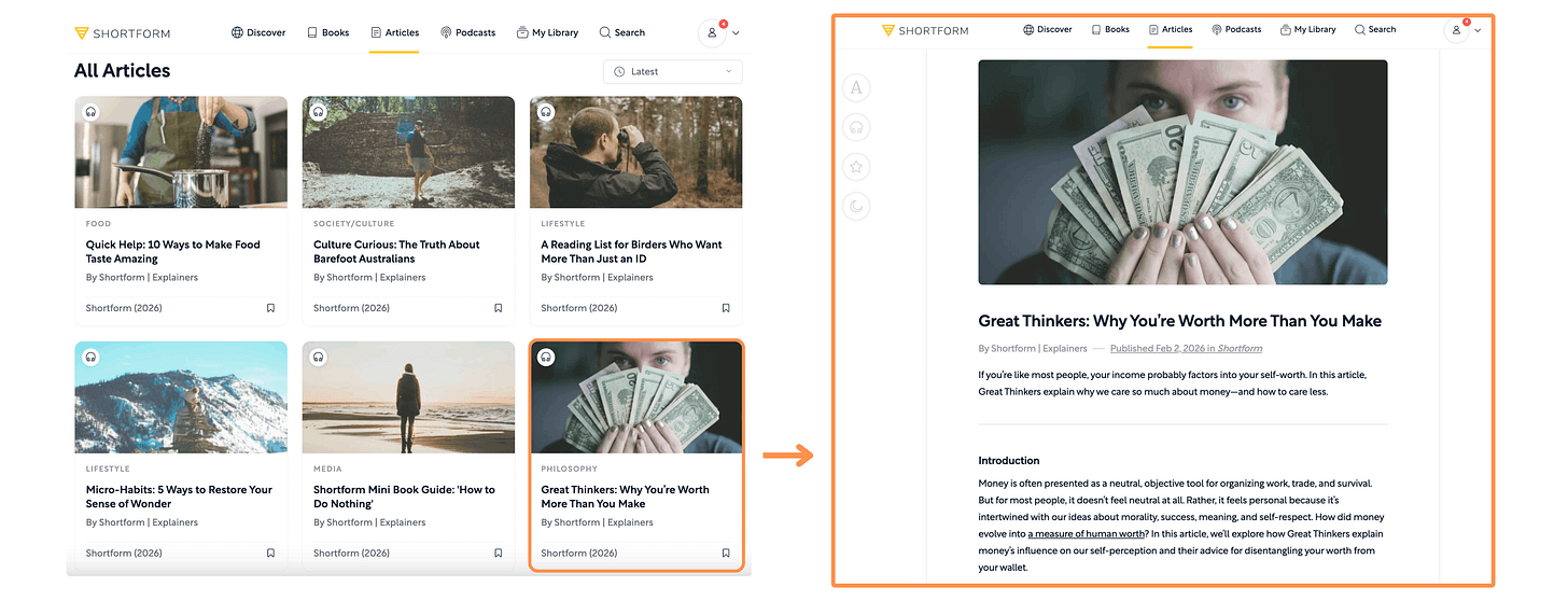 Shortform’s Articles (desktop view + light mode)
