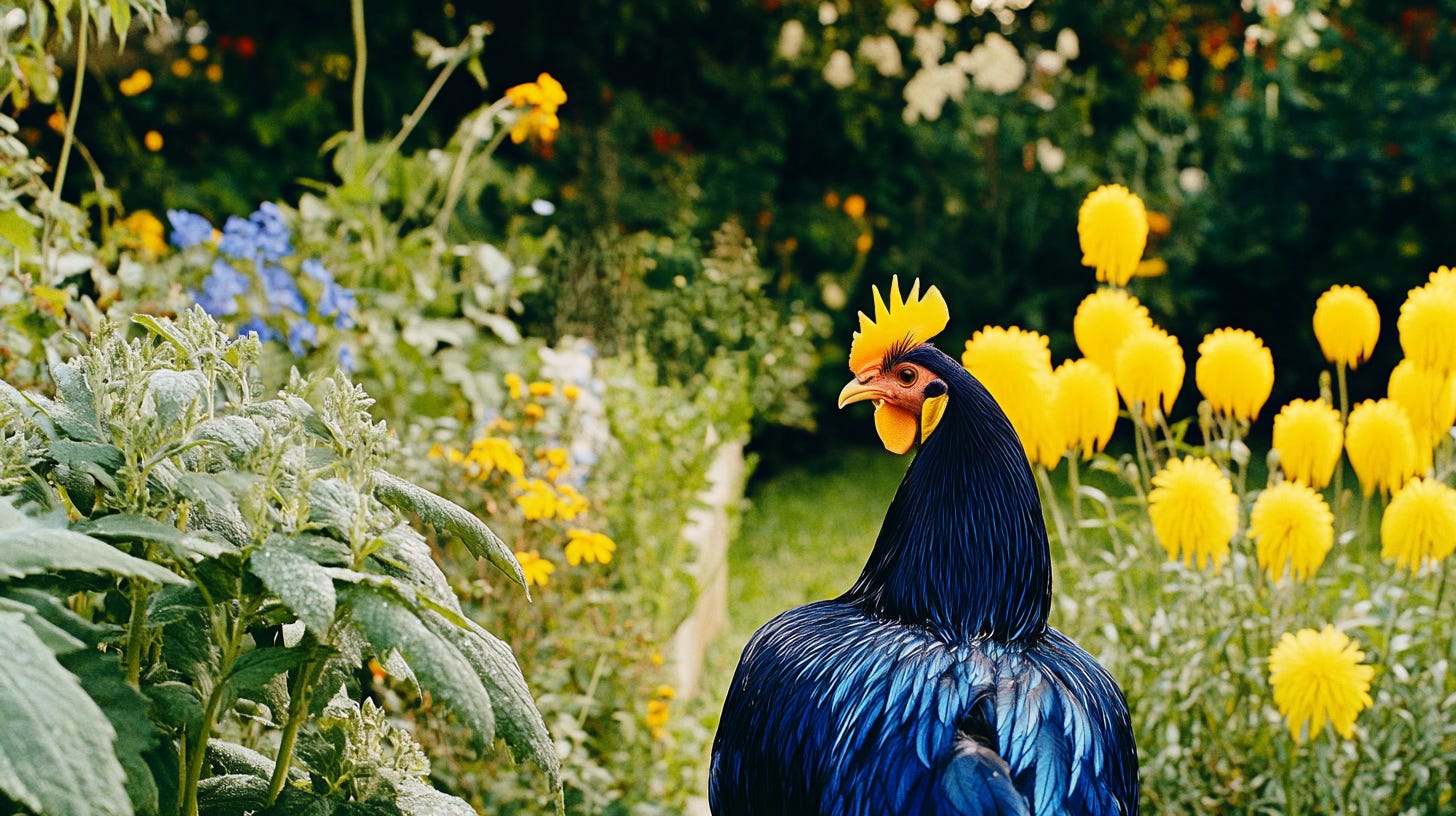 (Inpainting) a photograph portrait of a chicken with yellow comb, earlobes and wattles playing in the garden --sref https://s.mj.run/8LoKbgQzLgw --ar 16:9 --v 6.1 (Inpainting) a photograph portrait of a chicken with yellow comb, earlobes and wattles playing in the garden --sref https://s.mj.run/8LoKbgQzLgw --ar 16:9 --v 6.1