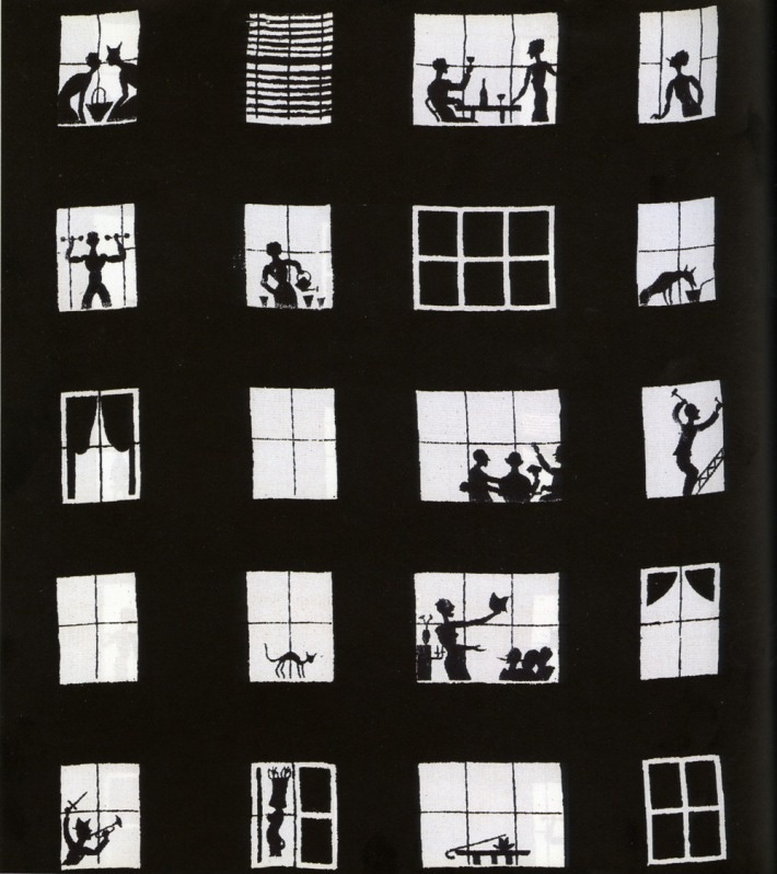 This may contain: black and white image of people looking out the window at each other in silhouettes