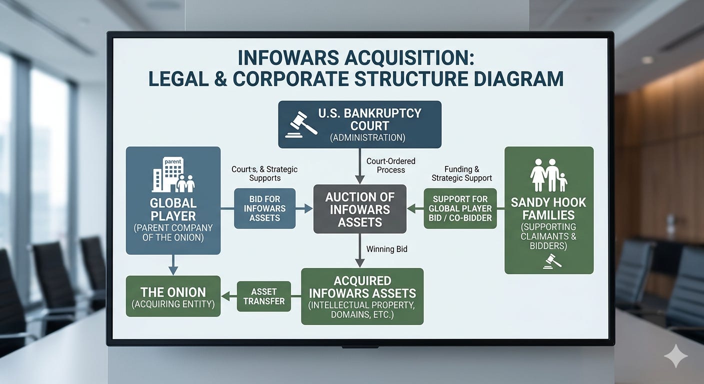 Infowars acquisition legal and corporate structure diagram showing how Global Tetrahedron parent company of The Onion bid for Infowars assets through US Bankruptcy Court with support from Sandy Hook families