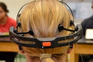 The researchers used portable electroencephalogram (EEG) technology (pictured above) to measure the brainwaves of students and instructors.