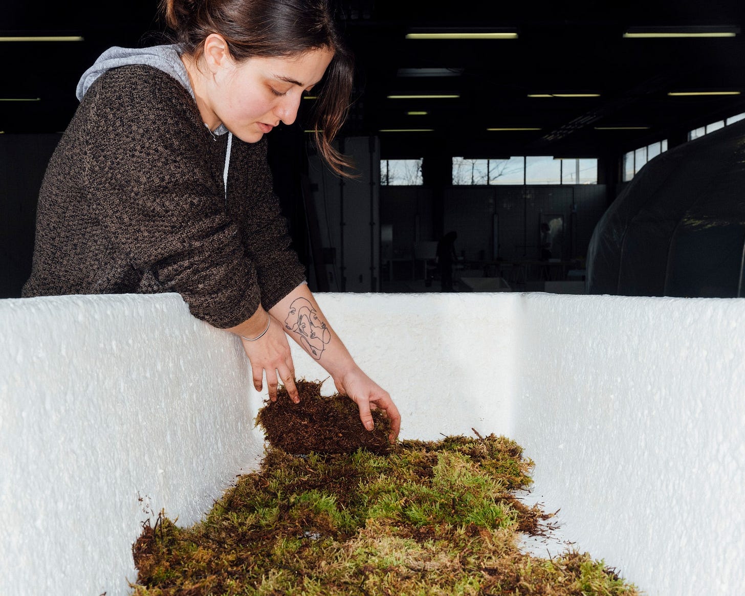 woman tending to mossy mushrooms