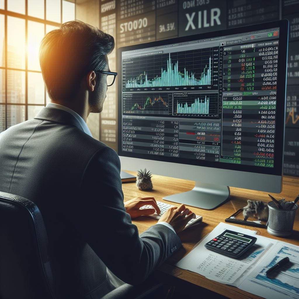 An illustration of a businessman sitting at a desk in front of a computer monitor and calculator, analyzing financial charts and options data. The screen displays an Excel spreadsheet with columns for dates, cash flows, and XIRR formula. The background shows stock tickers, charts, and trading terminology. The illustration is in Midjourney style, which is a colorful and minimalist style of graphic design.