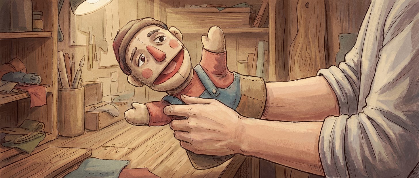 In a wood-furnished workshop, a ventriloquist practises operating a felt hand-puppet. In a wood-furnished workshop, a ventriloquist practises operating a felt hand-puppet.
