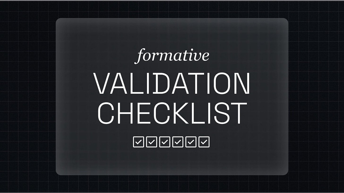 Dar grey background and white text that say: formative validation checklist. 
Under it, there are six small boxes with checkmarks in a row. 