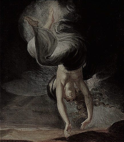 This may contain: a painting of a woman falling from the sky with her head in the air,