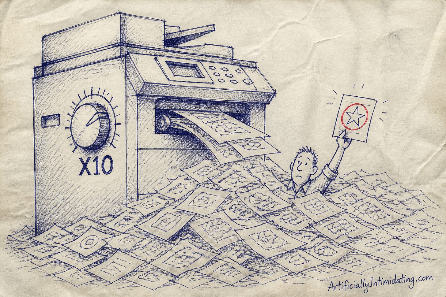 A giant photocopier with a dial set to X10 buries a worker in doodle-covered paper while he holds up one page marked with a circled star. A giant photocopier with a dial set to X10 buries a worker in doodle-covered paper while he holds up one page marked with a circled star.