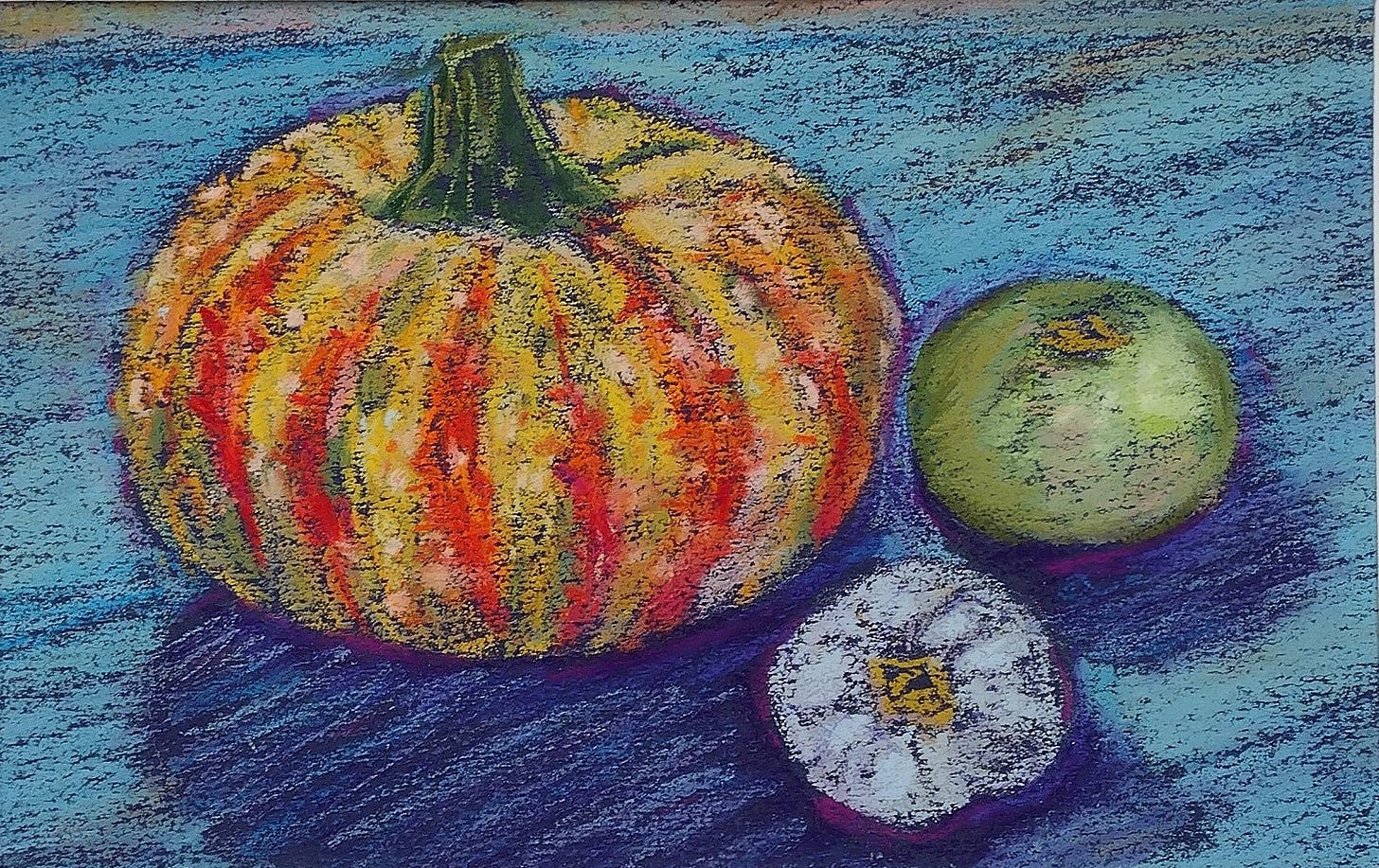 squash, garlic, green tomato still life, copyright vicki Smith