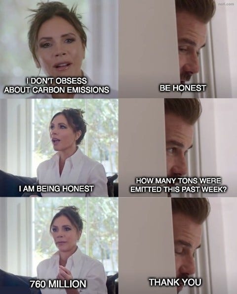 Six panels of Victoria and David Beckham. She: "I don't obsess about carbon emissions." He: "Be honest." She: "I am being honest." He: "How many tonnes were emitted this past week?" She: "760 million." He: "Thank you."