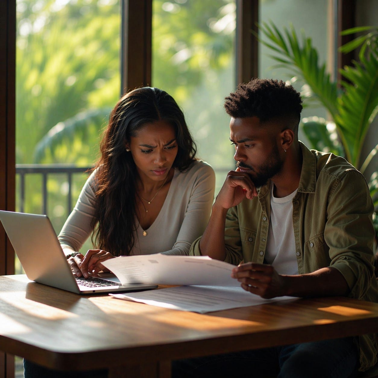 A quiet moment of concern as two individuals review documents and finances, their expressions reflecting the weight of important decisions in a changing economic landscape — AI