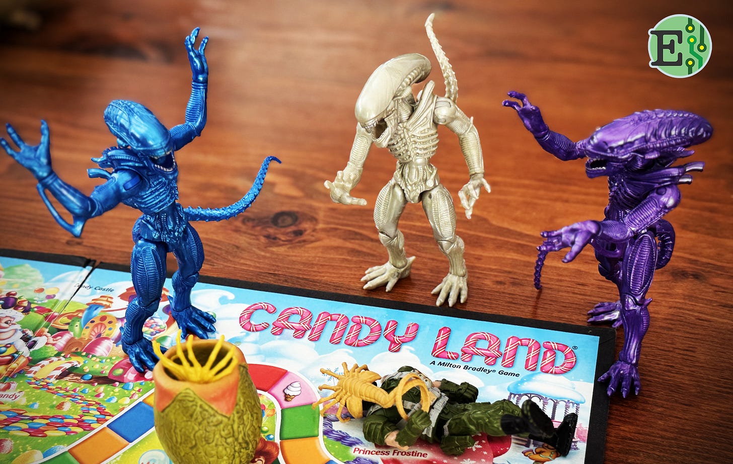 Alien Xenomorph Toys on Candyland Board Game
