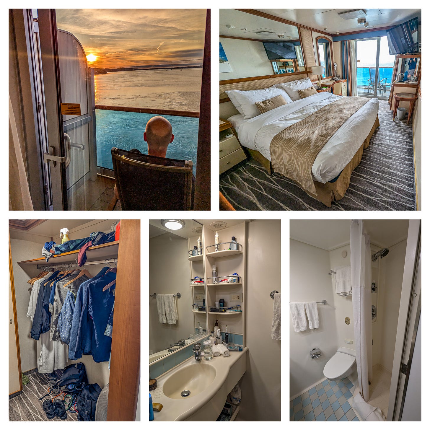 Collage showing Brent on balcony, our big bed, the closet, the bathroom sink, shower, and toilet. 