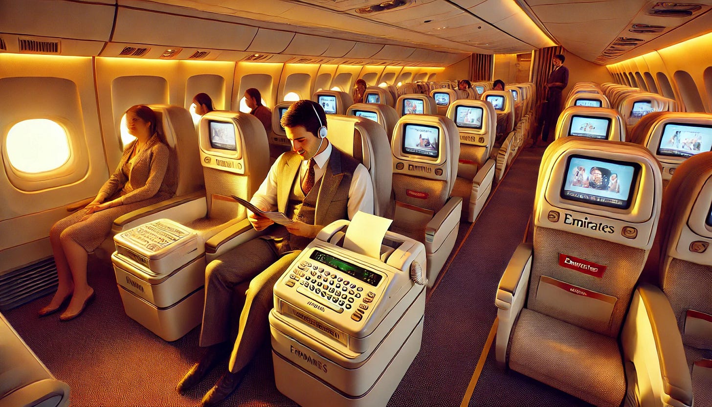 A futuristic 1990s airplane interior with passengers enjoying in-flight entertainment systems and using the first-ever in-flight fax. The cabin features spacious seats with small personal screens, showing movies and interactive content. A passenger is seen using a fax machine attached to a seat console, symbolizing the innovation introduced by Emirates. The lighting is warm, and the atmosphere is luxurious, capturing the excitement of cutting-edge technology in aviation during the era.