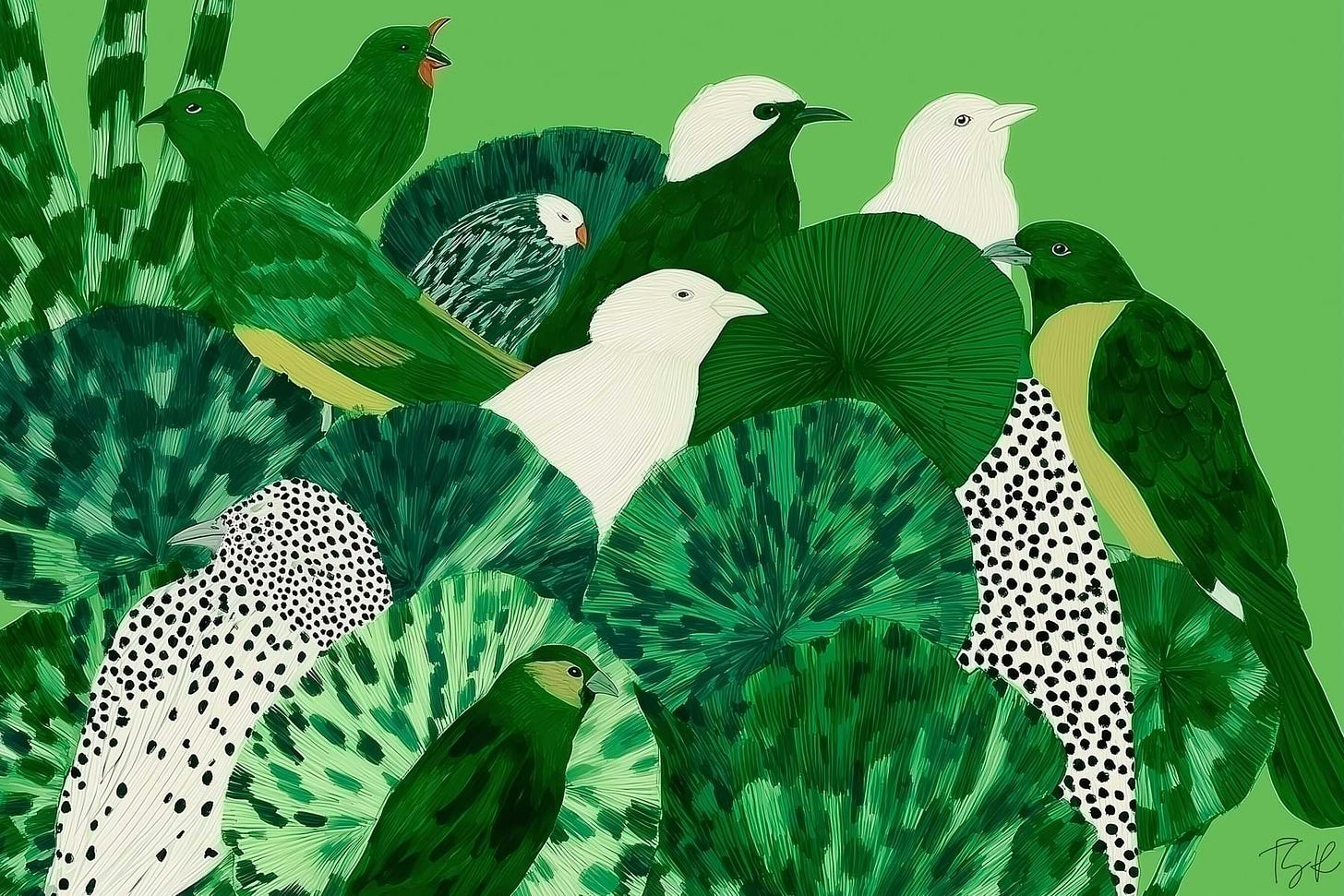 Featured image for the Literary Review of "Birding Is My Favorite Video Game" at The Subtext Review. A vibrant illustration of birds nestled among oversized, fan-like leaves. The palette of forest and emerald green is contrasted by birds in solid white and intricate black-and-white stippling. Set against a lime-green background, the birds appear in various profiles, creating a sense of quiet, layered activity in a flattened, graphic botanical style.