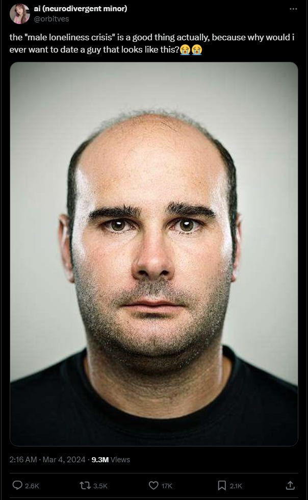 Ragebait tweet: The male loneliness crisis is a good thing actually