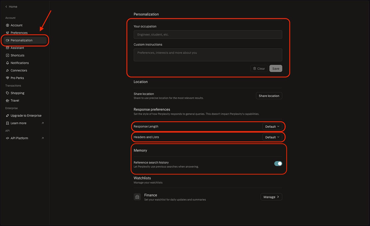 Personalization settings panel showing Occupation field, Custom Instructions field, Response Length options, Headers and Lists options, and Memory toggle for Reference search historySearch modes dropdown showing Web Academic Social Finance — Perplexity search modes 2026