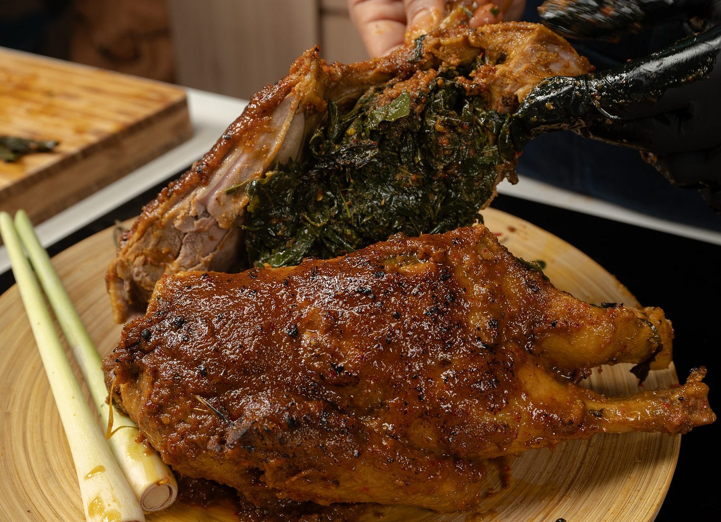 charred duck with stuffed vegetable