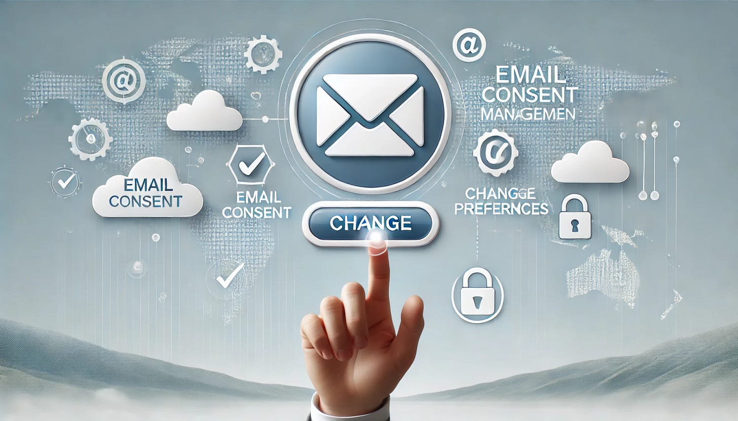 A clean and simple landscape visual representing email consent management with a trigger button. It features a stylized email icon and a clear, modern trigger button for changing preferences, along with subtle compliance symbols like a small shield or lock. The background is light with soft blues and whites, blending professionalism and simplicity, without excessive details but with enough elements to communicate action and data security.